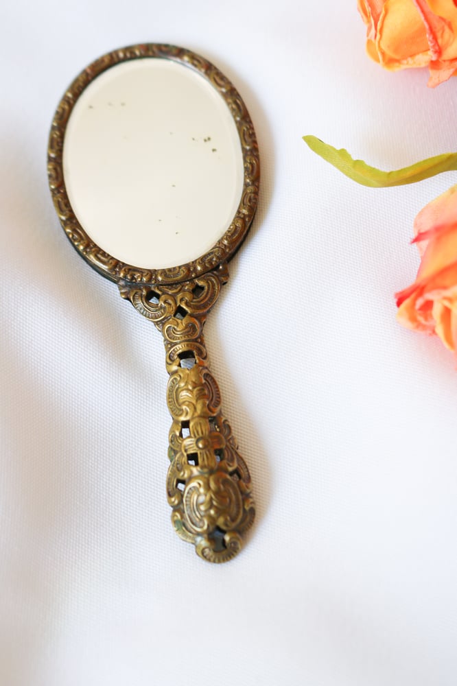 Image of Adorable Vintage Handheld Floral Needlepoint Mirror