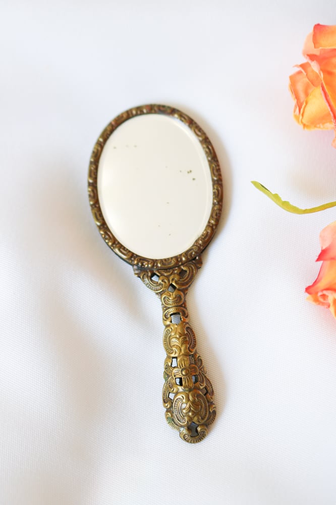 Image of Adorable Vintage Handheld Floral Needlepoint Mirror