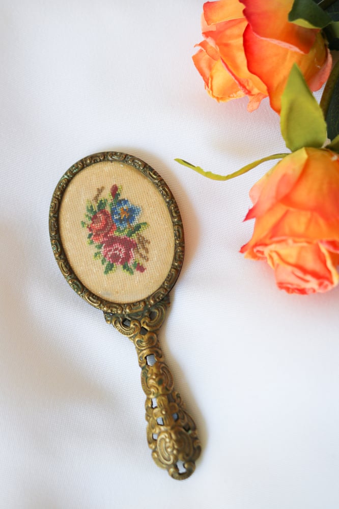 Image of Adorable Vintage Handheld Floral Needlepoint Mirror