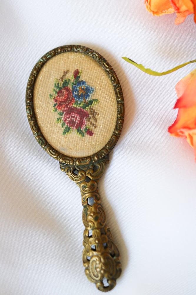 Image of Adorable Vintage Handheld Floral Needlepoint Mirror