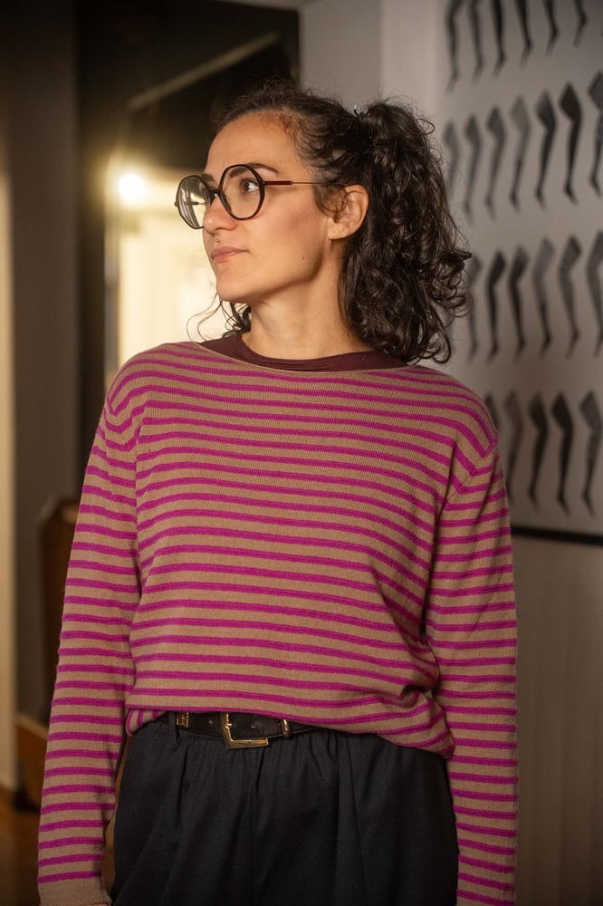 Image of Maglione a righe Sabbia+Fucsia