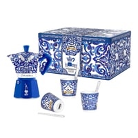 Image 1 of Bialetti Moka Pot + 3 Cups & Stirrers Gift Set Dolce & Gabbana Blue Mediterraneo