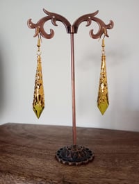 Image 5 of Vamp Ornate Pointed Earrings, Olive & Antique Gold, Pierced or Clip On