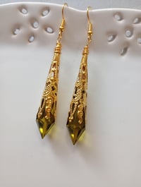 Image 1 of Vamp Ornate Pointed Earrings, Olive & Antique Gold, Pierced or Clip On