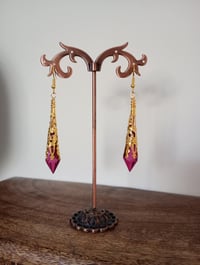 Image 5 of Vamp Ornate Pointed Earrings, Cerise & Antique Gold, Pierced or Clip On