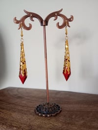 Image 5 of Vamp Ornate Pointed Earrings, Red & Antique Gold, Pierced or Clip On