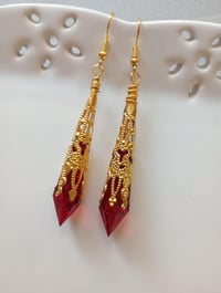 Image 1 of Vamp Ornate Pointed Earrings, Red & Antique Gold, Pierced or Clip On