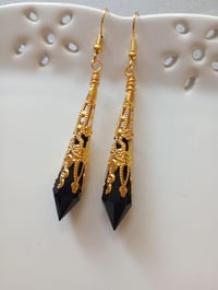 Image 1 of Vamp Ornate Pointed Earrings, Black & Antique Gold, Pierced or Clip On