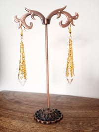 Image 5 of Vamp Ornate Pointed Earrings, Clear & Antique Gold, Pierced or Clip On