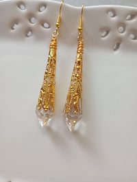 Image 1 of Vamp Ornate Pointed Earrings, Clear & Antique Gold, Pierced or Clip On