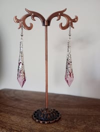 Image 10 of Vamp Ornate Pointed Earrings, Rose Pink & Antique Silver, Pierced or Clip On
