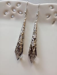 Image 1 of Vamp Ornate Pointed Earrings, Grey & Antique Silver, Pierced or Clip On 