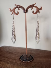 Image 5 of Vamp Ornate Pointed Earrings, Clear & Antique Silver, Pierced or Clip On 