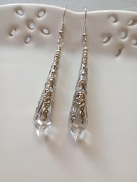 Image 1 of Vamp Ornate Pointed Earrings, Clear & Antique Silver, Pierced or Clip On 
