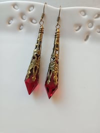 Image 1 of Vamp Ornate Pointed Earrings, Red & Antique Bronze, Pierced or Clip On