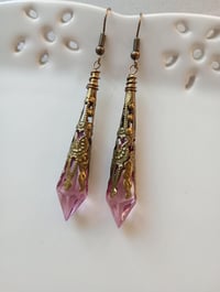 Image 1 of Vamp Ornate Pointed Earrings, Rose Pink & Antique Bronze, Pierced or Clip On