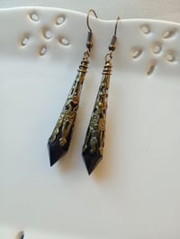 Image 1 of Vamp Ornate Pointed Earrings, Black & Antique Bronze, Pierced or Clip On 
