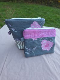 Image 1 of Quilted Linen Zippy Bag Set - Peonies on Slate