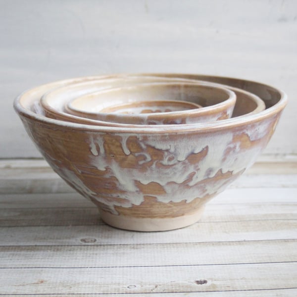 Image of Custom Order for Kathleen, Set of Four Ceramic Nesting Bowls In Rustic White and Ocher Glaze