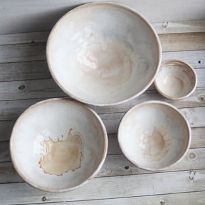 Image of Custom Order for Kathleen, Set of Four Ceramic Nesting Bowls In Rustic White and Ocher Glaze