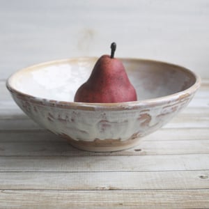 Image of Custom Order for Kathleen, Shallow Rustic Serving Bowl with White and Ocher Dripping Glazes