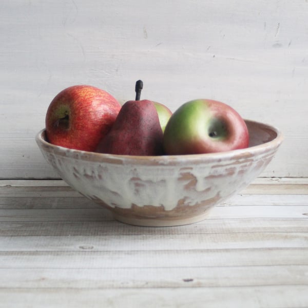 Image of Custom Order for Kathleen, Shallow Rustic Serving Bowl with White and Ocher Dripping Glazes