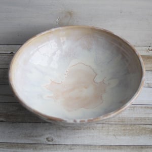 Image of Custom Order for Kathleen, Shallow Rustic Serving Bowl with White and Ocher Dripping Glazes