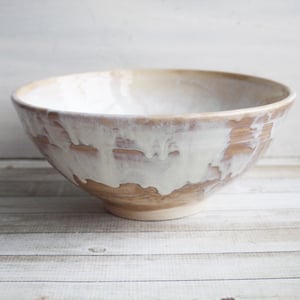 Image of Custom Order for Kathleen, Rustic Serving Bowl with White and Ocher Dripping Glazes