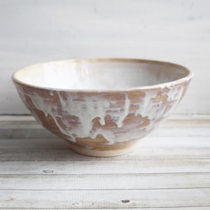 Image of Custom Order for Kathleen, Rustic Serving Bowl with White and Ocher Dripping Glazes