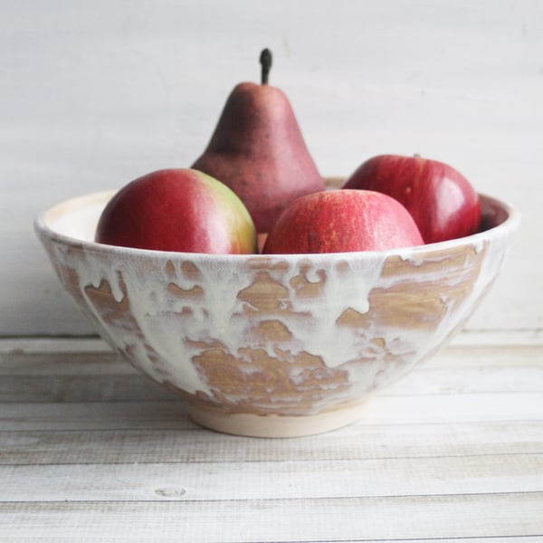 Image of Custom Order for Kathleen, Rustic Serving Bowl with White and Ocher Dripping Glazes