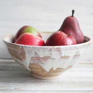 Image of Custom Order for Kathleen, Rustic Serving Bowl with White and Ocher Dripping Glazes