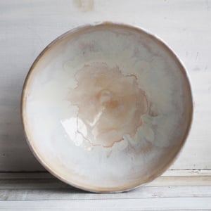Image of Custom Order for Kathleen, Rustic Serving Bowl with White and Ocher Dripping Glazes