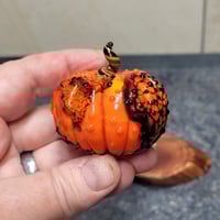 Image 2 of XL. Orange & Black Cobweb Pumpkin - Flamework glass sculpture