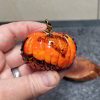 Image 3 of XL. Orange & Black Cobweb Pumpkin - Flamework glass sculpture