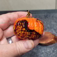 Image 4 of XL. Orange & Black Cobweb Pumpkin - Flamework glass sculpture