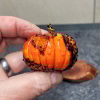 Image 7 of XL. Orange & Black Cobweb Pumpkin - Flamework glass sculpture