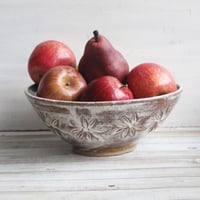 Image 1 of New Gorgeous Hand Carved Large Rustic Serving Bowl in Dripping White and Speckled Brown, Made in USA