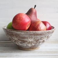 Image 3 of New Gorgeous Hand Carved Large Rustic Serving Bowl in Dripping White and Speckled Brown, Made in USA