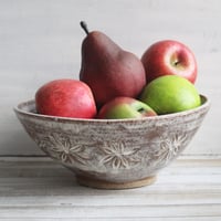 Image 5 of New Gorgeous Hand Carved Large Rustic Serving Bowl in Dripping White and Speckled Brown, Made in USA