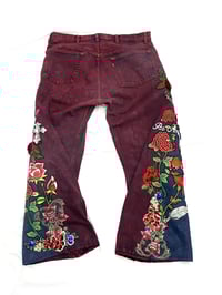 Image 3 of Flower Patchwork Denim Pants (Red Wine)
