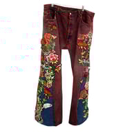 Image 2 of Flower Patchwork Denim Pants (Red Wine)