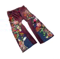 Image 1 of Flower Patchwork Denim Pants (Red Wine)
