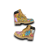 Image 1 of Hand-Painted Timberland wheat 6- inch Boots: Custom Sex 69 Abstract art 