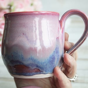 Image of Pink and Purple Mug with Dripping Glazes, Handmade Pottery Coffee Cup, Made in USA