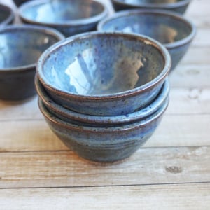 Image of Three Small Rustic Blue Ceramic Pottery Bowls, Kitchen Prep Handcrafted Made in USA