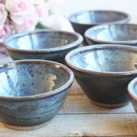 Image 17 of Three Small Rustic Blue Ceramic Pottery Bowls, Kitchen Prep Handcrafted Made in USA