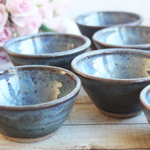 Image of Three Small Rustic Blue Ceramic Pottery Bowls, Kitchen Prep Handcrafted Made in USA