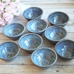 Image of Three Small Rustic Blue Ceramic Pottery Bowls, Kitchen Prep Handcrafted Made in USA