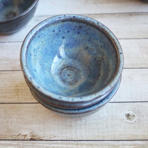Image of Three Small Rustic Blue Ceramic Pottery Bowls, Kitchen Prep Handcrafted Made in USA