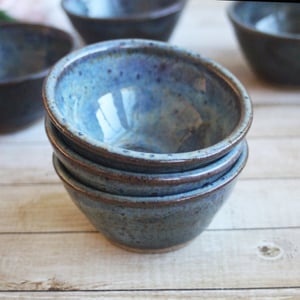 Image of Three Small Rustic Blue Ceramic Pottery Bowls, Kitchen Prep Handcrafted Made in USA